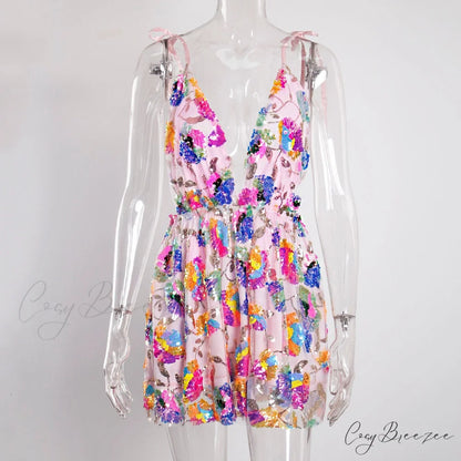 Sequined Deep V-Neck Charming Backless Mini Dress