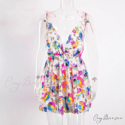 Sequined Deep V-Neck Charming Backless Mini Dress White / M