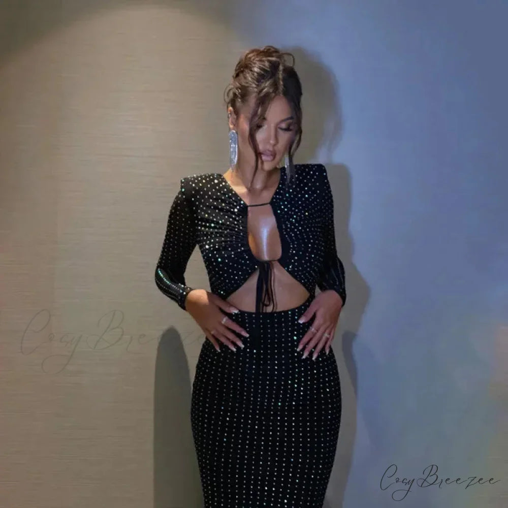 Sequined Hollow Long-sleeved Body-hugging Party-ready Clubwear Sensual Midi Dress