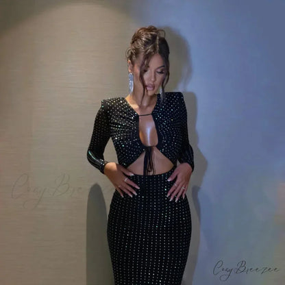 Sequined Hollow Long-sleeved Body-hugging Party-ready Clubwear Sensual Midi Dress