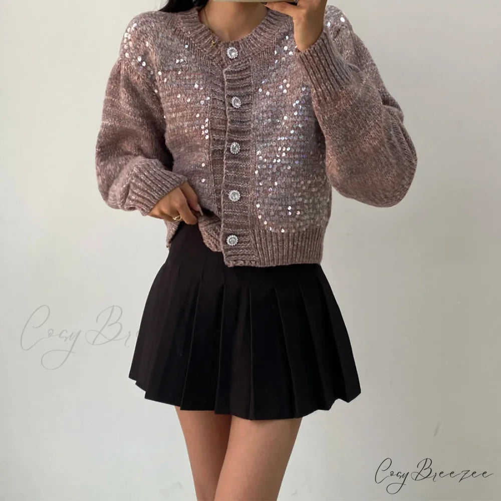 Sequined Knit Long Sleeve Cardigan Coffee / One Size