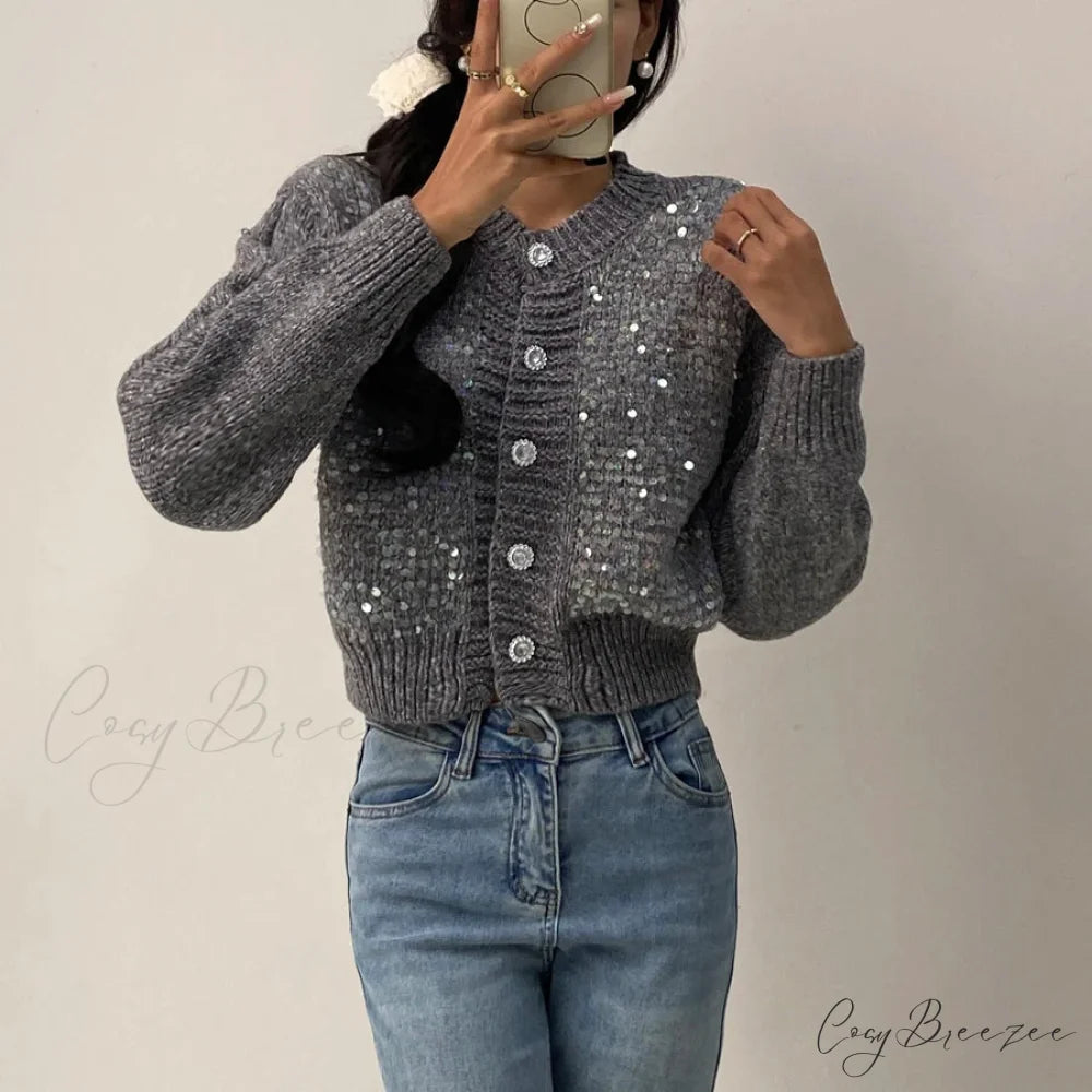 Sequined Knit Long Sleeve Cardigan Gray / One Size