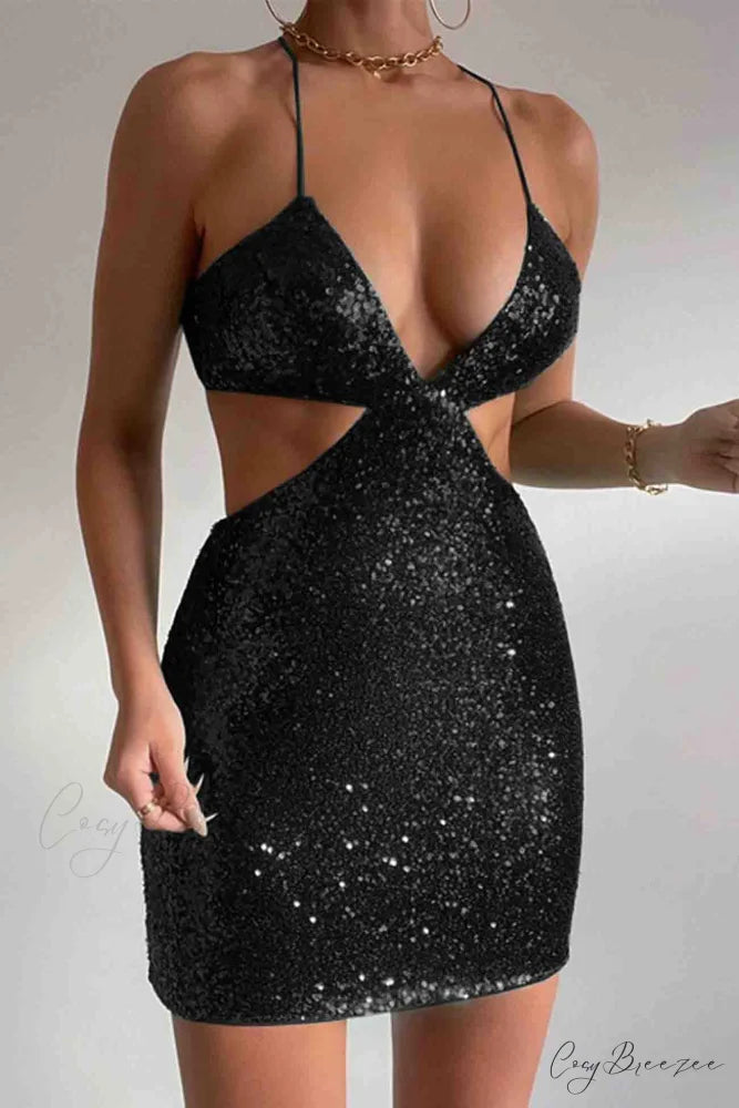 Sequined V Neck Backless Cutout Dress Black / M