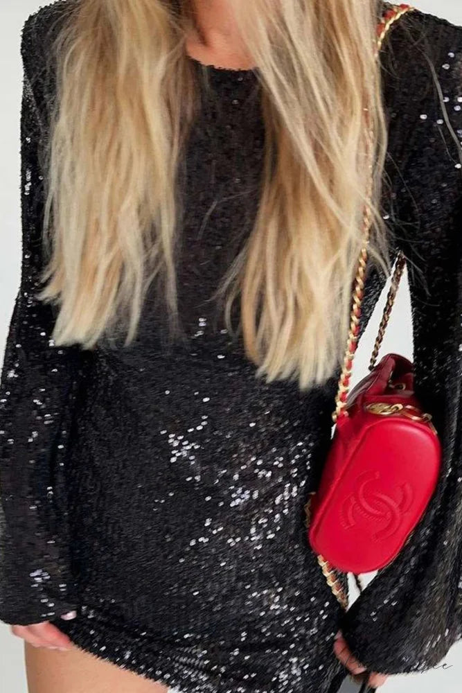 Sequins Flare Sleeve Dress Black / M