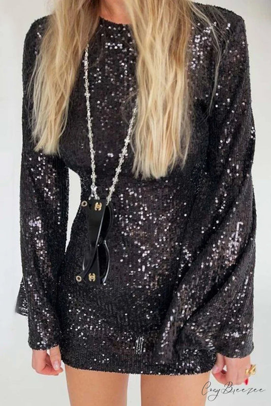 Sequins Flare Sleeve Dress Black / S