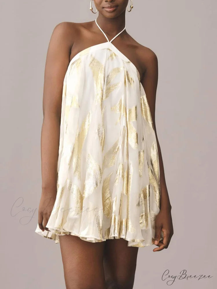 Sequins Hanging Neck Halter Graceful Print Swing Mini Dress