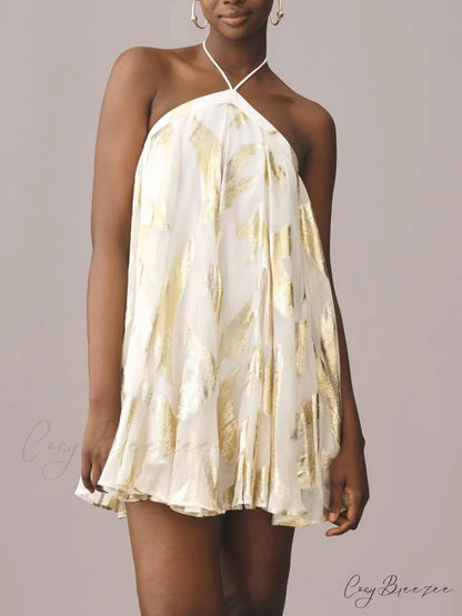 Sequins Hanging Neck Halter Graceful Print Swing Mini Dress