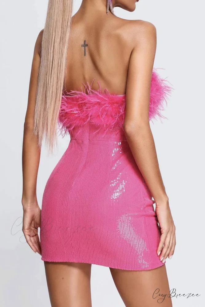Sequins Pack Hip Dress with Fuzzy Strapless Design
