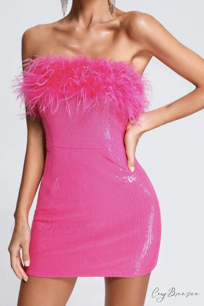 Sequins Pack Hip Dress with Fuzzy Strapless Design Rose / L