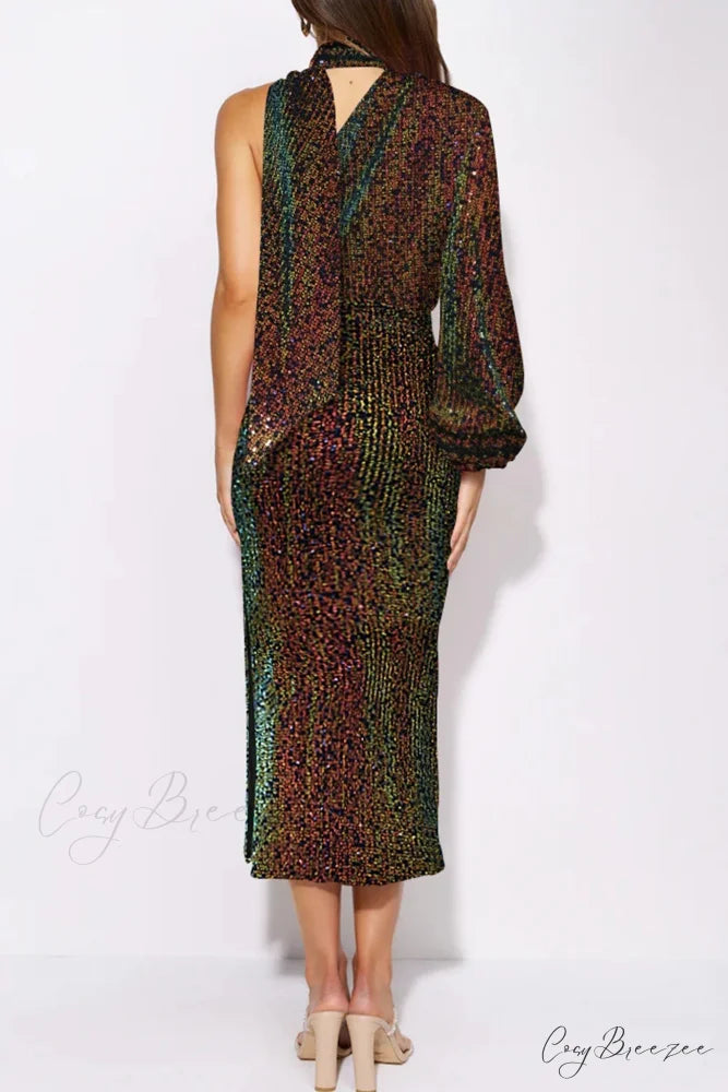 Sequins Scarf One Shoulder Dress with Slit Colorful / L