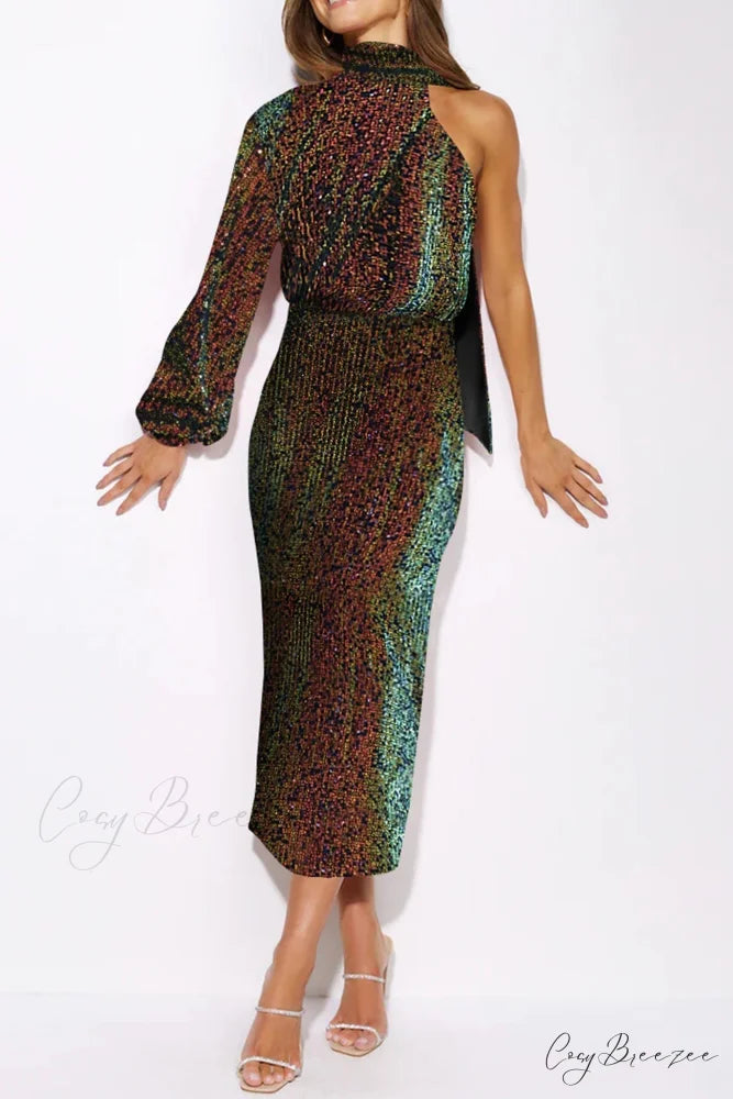 Sequins Scarf One Shoulder Dress with Slit Colorful / S