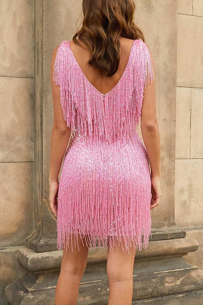 Sequins Tassel Tank Dress Pink / L