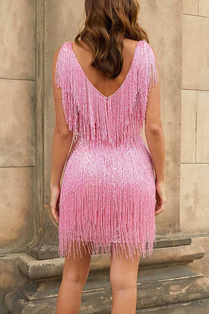 Sequins Tassel Tank Dress Pink / L
