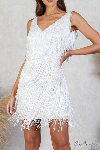 Sequins Tassel Tank Dress White / S