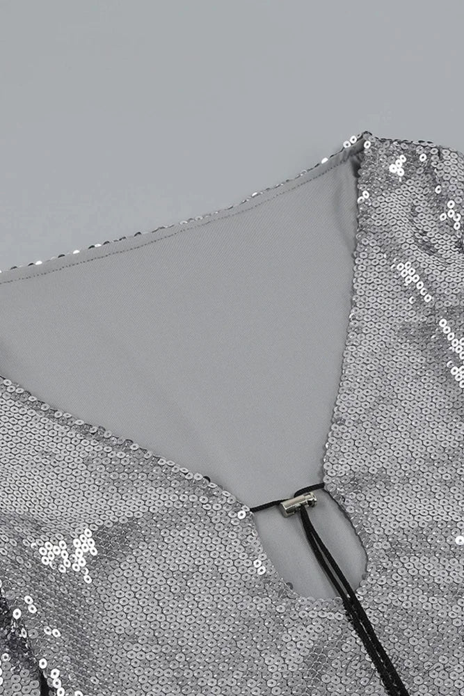 Sequins V Neck Flares Sleeve Pack Hip Dress
