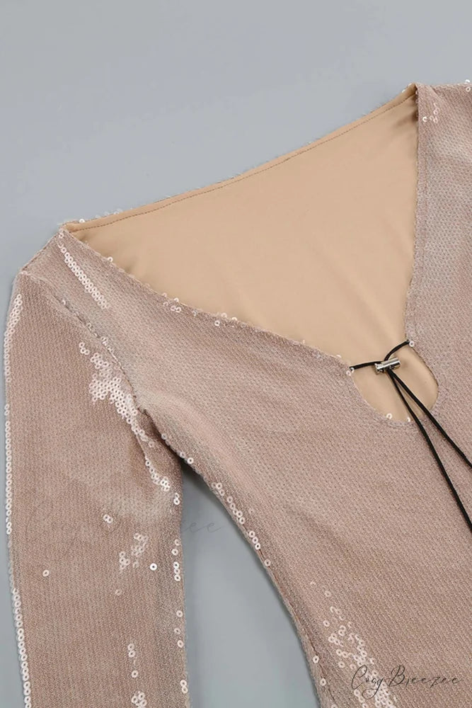 Sequins V Neck Flares Sleeve Pack Hip Dress Camel / M