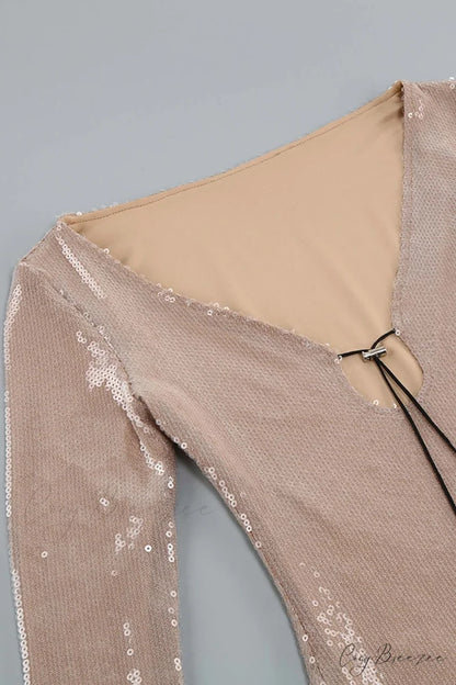 Sequins V Neck Flares Sleeve Pack Hip Dress Camel / M