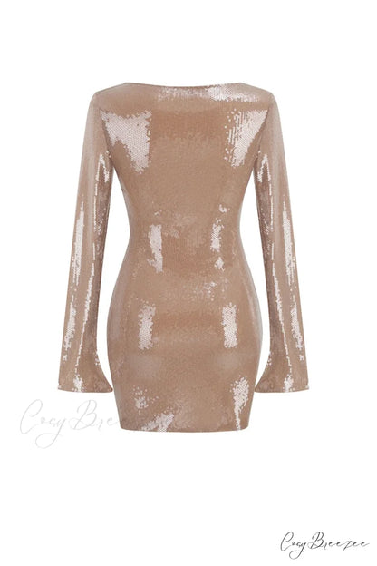 Sequins V Neck Flares Sleeve Pack Hip Dress Camel / S