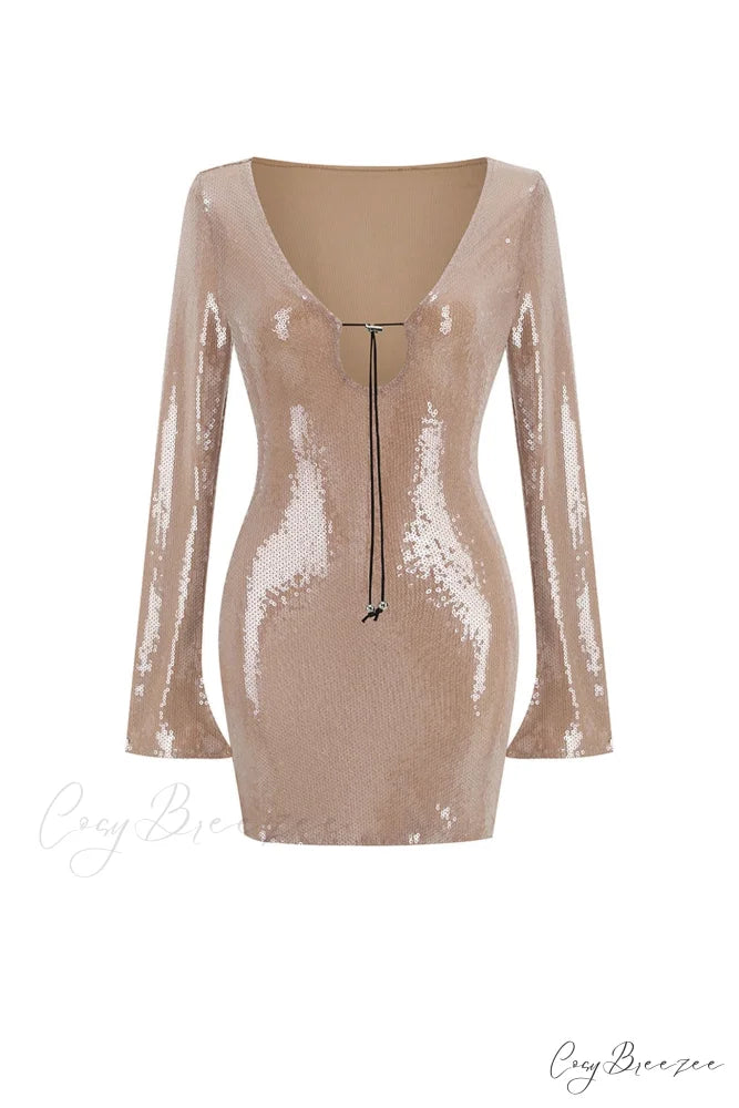 Sequins V Neck Flares Sleeve Pack Hip Dress Camel / XS