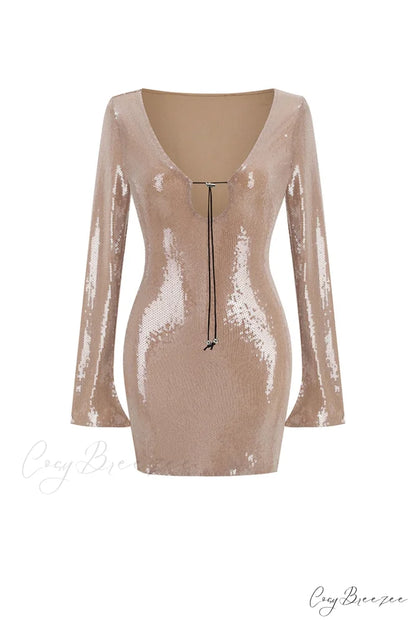 Sequins V Neck Flares Sleeve Pack Hip Dress Camel / XS