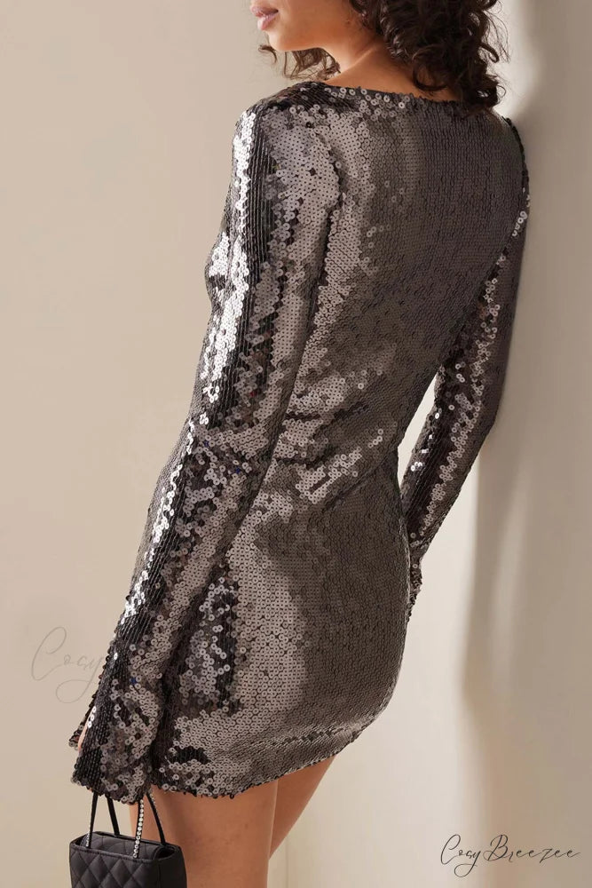 Sequins V Neck Flares Sleeve Pack Hip Dress Dark Grey / L