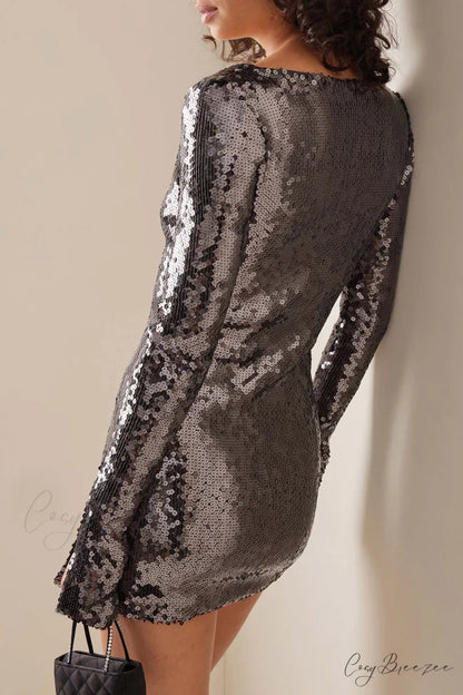 Sequins V Neck Flares Sleeve Pack Hip Dress Dark Grey / L