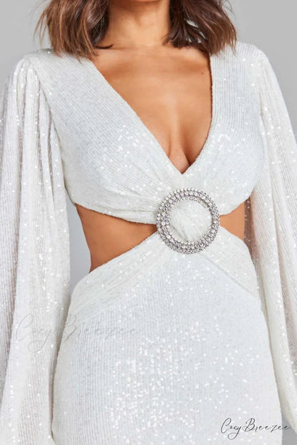 Sequins V Neck Mini Dress with Cutout