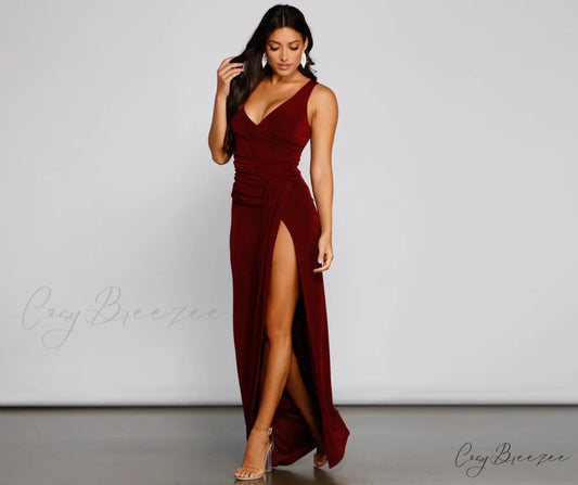 Serena Formal High Charming Slit Lurex Dress WINE / XS