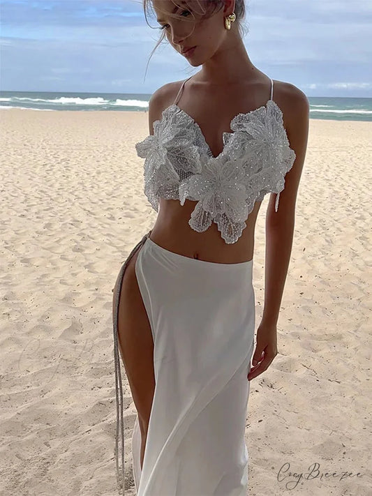Sexy 2 Piece Sequin Flower Applique Split Dress floraldress-250126
