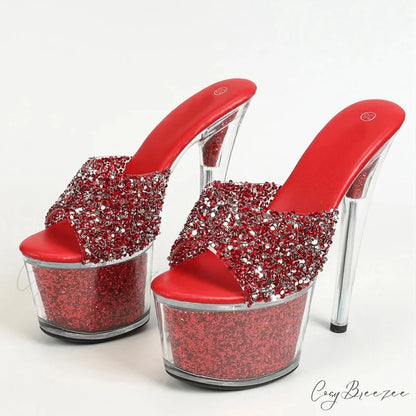 Sexy 20CM Platform Sequined Transparent Summer Open-Toe Slippers High Heel Red / 34