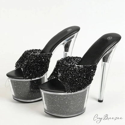 Sexy 20CM Platform Slippers Fashion Sequined Transparent Sandals Summer Open Toe Clear High Heels - Size 34-43 Black