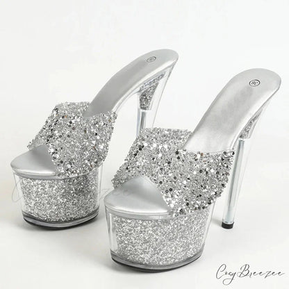 Sexy 20CM Platform Slippers Fashion Sequined Transparent Sandals Summer Open Toe Clear High Heels - Size 34-43 Silver