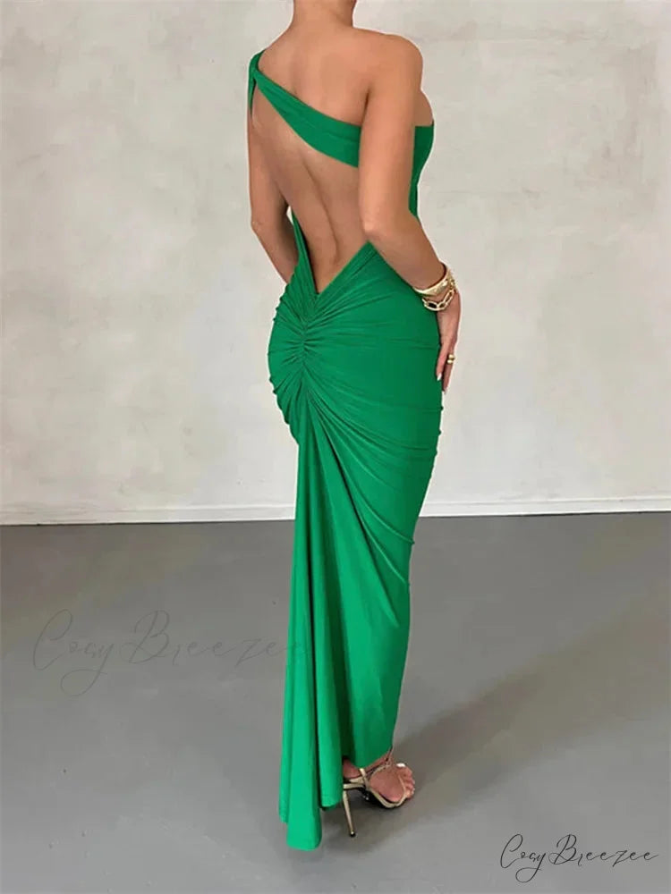 Sexy Backless Ruched Women Sleeveless Single Strap Off Shoulder Bodycon Party Club Female Vestidos