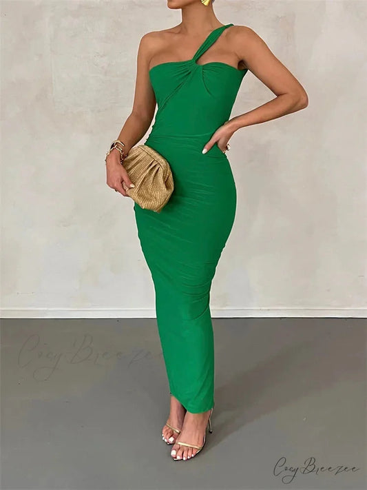 Sexy Backless Ruched Women Sleeveless Single Strap Off Shoulder Bodycon Party Club Female Vestidos GREEN / S