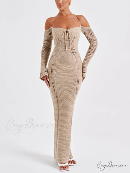 Sexy Backless Suspender Slim Graceful Hollow Long Sleeve Dress Apricot / S