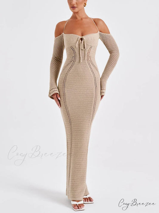 Sexy Backless Suspender Slim Graceful Hollow Long Sleeve Dress Apricot / S