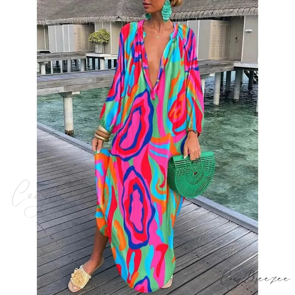 Sexy Beach Party Loose Vintage Boho Dress Multicolor / S