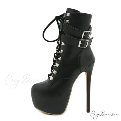 Sexy Buckle-Strap 16.5CM Extreme High-Heels Platform Boots Round-Toe Lace-Up Party Club Stripper High Heel