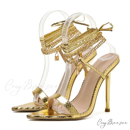Sexy Chain Ankle-Strap Gold Pointed-Toe 12CM New Summer Female Party High Heel Golden / 35