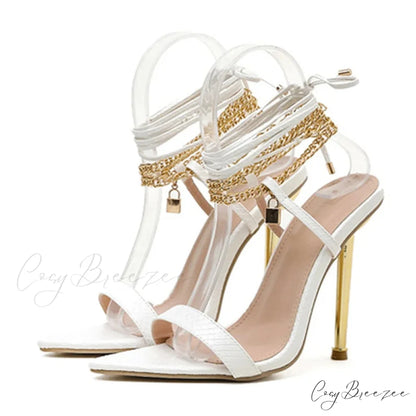 Sexy Chain Ankle-Strap Gold Pointed-Toe 12CM New Summer Female Party High Heel White / 35