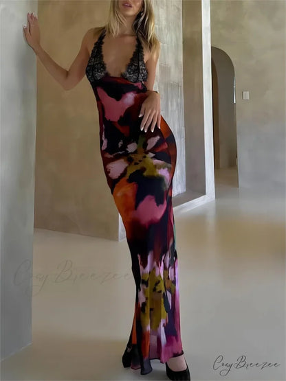 Sexy Deep V Lace Graceful Patchwork Printed Auspender Maxi Dress Multicolor / S