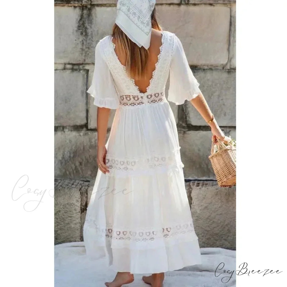 Sexy Deep V-neck Backless Cotton Lace Dress bohodress-250126