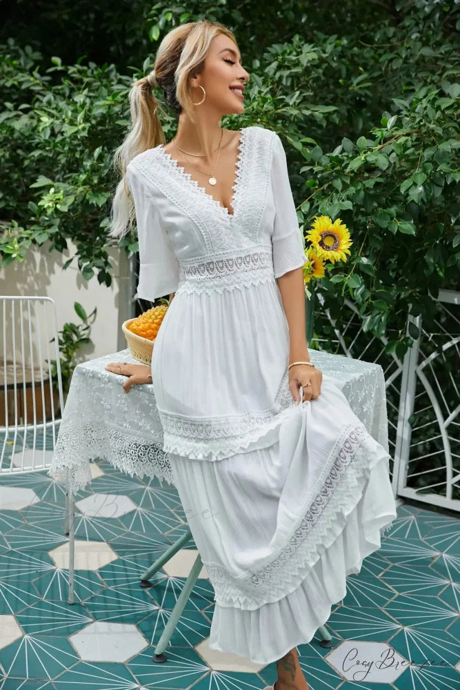 Sexy Deep V-neck Backless Cotton Lace Dress bohodress-250126