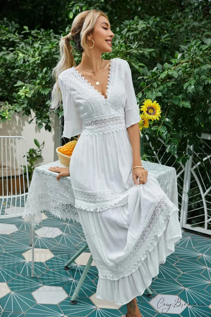 Sexy Deep V-neck Backless Cotton Lace Dress bohodress-250126