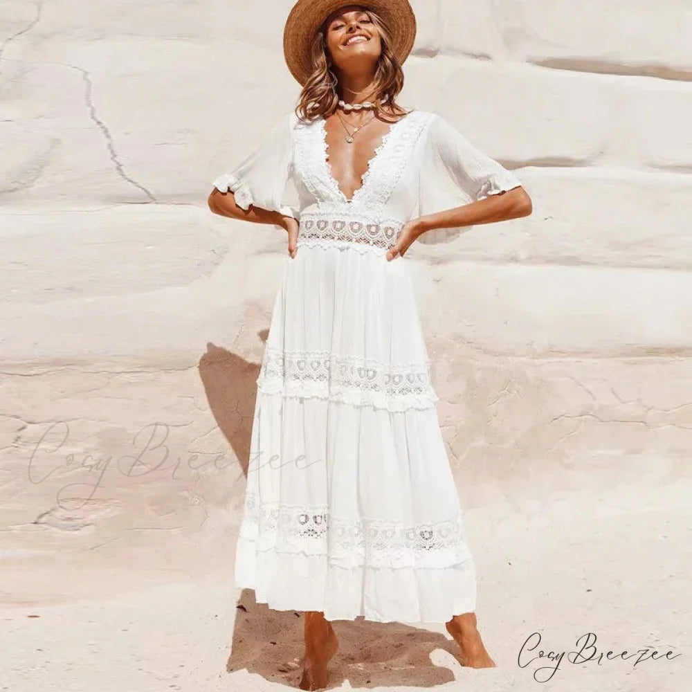 Sexy Deep V-neck Backless Cotton Lace Dress WHITE / S bohodress-250126