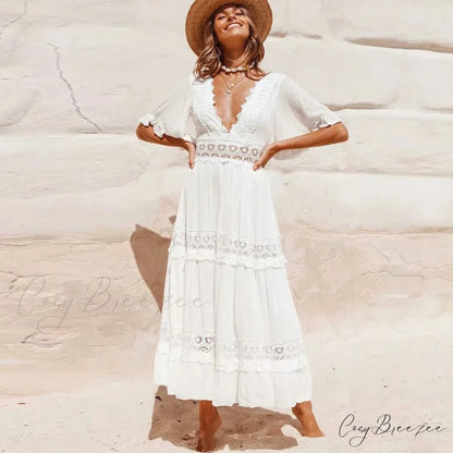 Sexy Deep V-neck Backless Cotton Lace Dress WHITE / S bohodress-250126