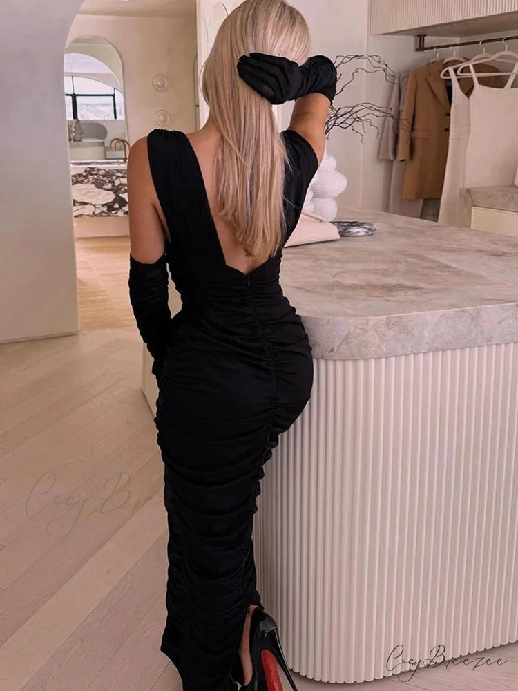 Sexy Deep V Neck Gauze Folds Bandage Black Sleeveless Christmas Party Dress Black / S