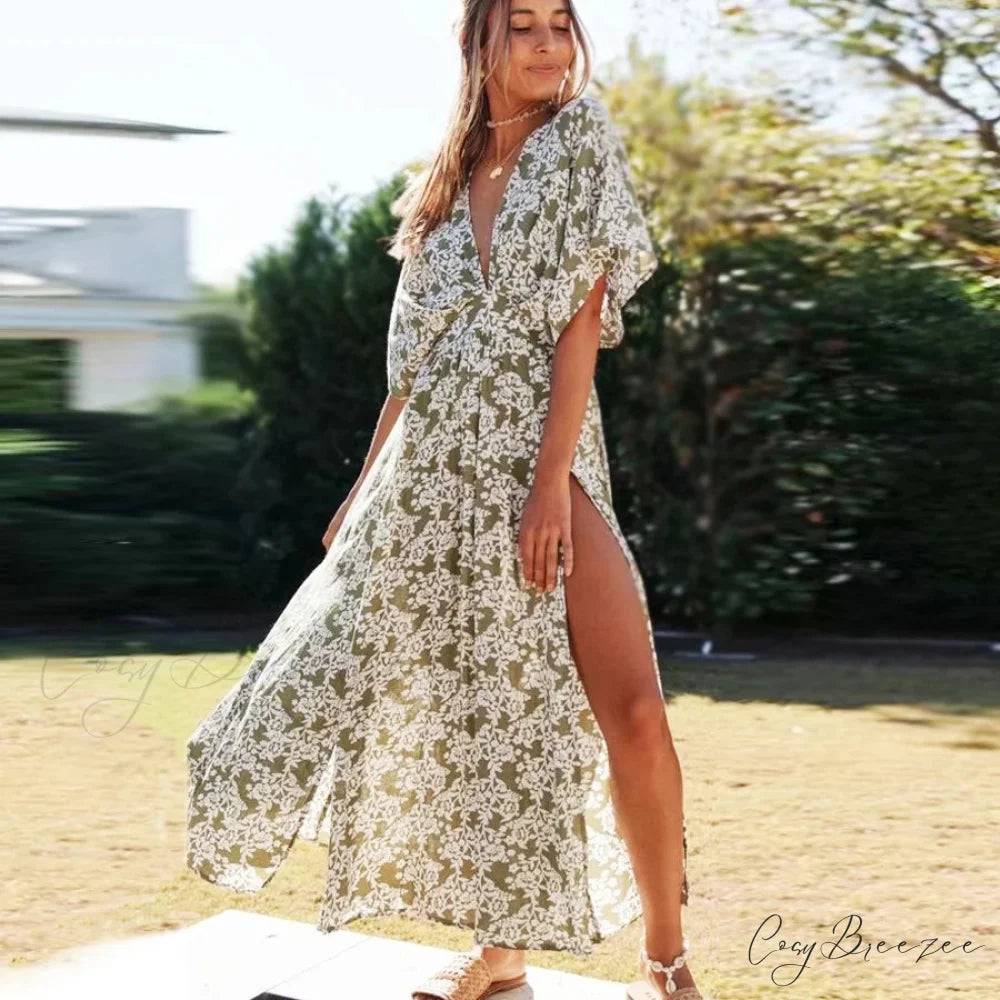 Sexy Deep V-neck Maxi Dress Vintage Floral Print Side Split Boho Dress bohodress-250126