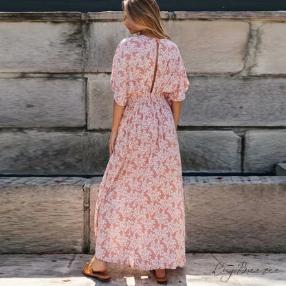 Sexy Deep V-neck Maxi Dress Vintage Floral Print Side Split Boho Dress bohodress-250126