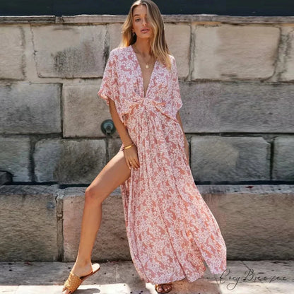 Sexy Deep V-neck Maxi Dress Vintage Floral Print Side Split Boho Dress bohodress-250126